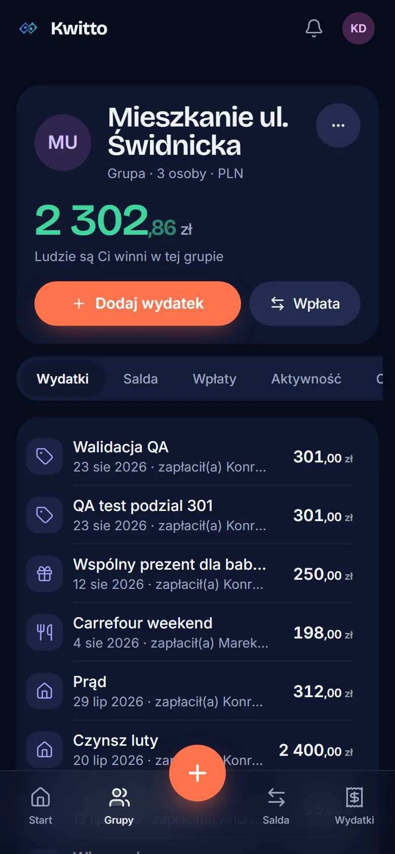 Lista wspólnych wydatków grupy w Kwitto