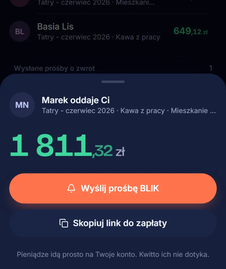 Okno zgłoszenia wpłaty BLIK w Kwitto