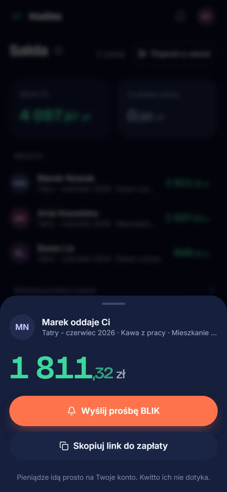 Okno zgłoszenia wpłaty w Kwitto z metodą BLIK
